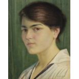 EDWARD RIDLEY (1883 - 1946) WATERCOLOUR DRAWING ON ARTIST'S BOARD Portrait of a young woman, green