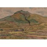 IAN GRANT (1904 - 1993) WATERCOLOUR DRAWING Landscape VI, farm & mountain Labelled verso 10in x 14
