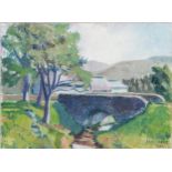 IAN GRANT (1904 - 1993) OIL PAINTING ON CANVAS BOARD Landscape with stream and bridge Signed lower