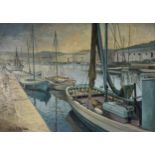 COLIN C HILTON (1902 - 1964) OIL PAINTING ON BOARD Italian harbour scene with moored fishing boats