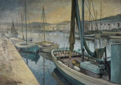 COLIN C HILTON (1902 - 1964) OIL PAINTING ON BOARD Italian harbour scene with moored fishing boats