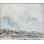 ALLEN FREER (b.1926) PEN & INK, GRAPHITE & WATERCOLOUR WASH Sstormy skies over a forest lake