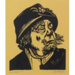 ROGER HAMPSON (1925 - 1996) ARTIST SIGNED LIMITED EDITION LINOCUT ON BUFF PAPER ‘Mrs Crompton’ (6/