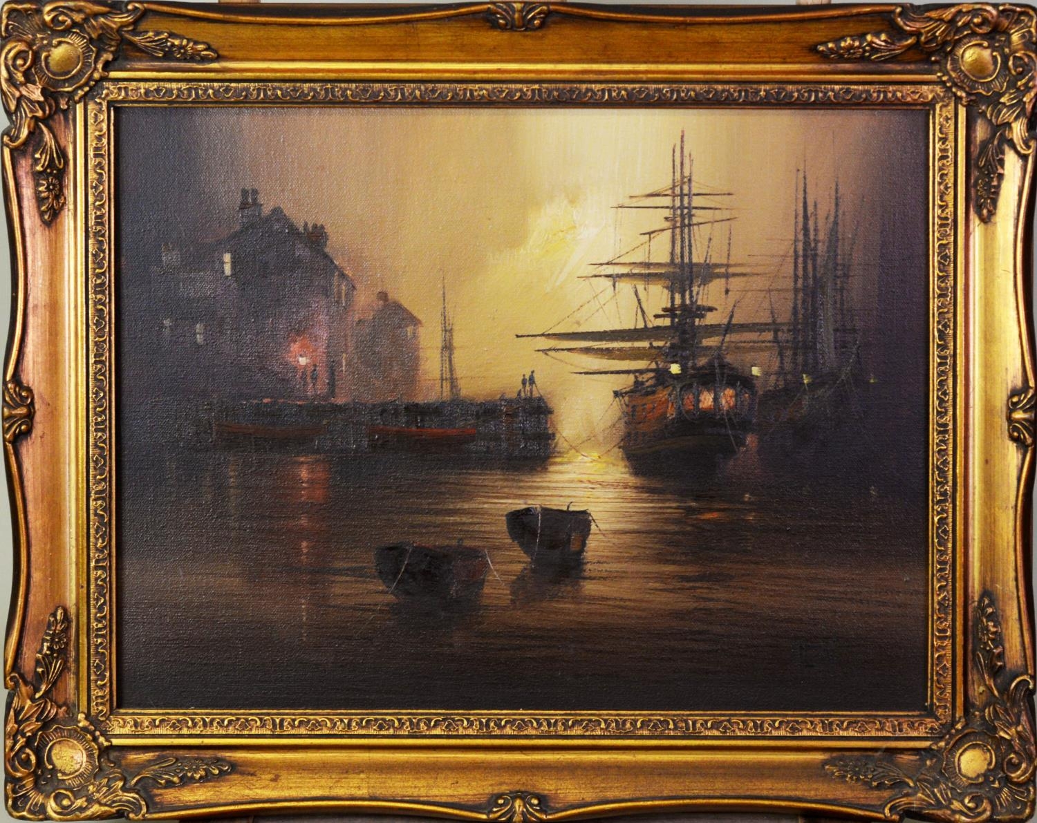 BARRY HILTON (b.1941) PAIR OF OILS ON CANVAS Moored galleons at sunset Signed 11 ¾” x 15 ½” (29. - Image 2 of 4