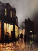 BARRY HILTON (b.1941) OIL PAINTINGS ON CANVAS, A PAIR Street scenes at dusk Each signed lower