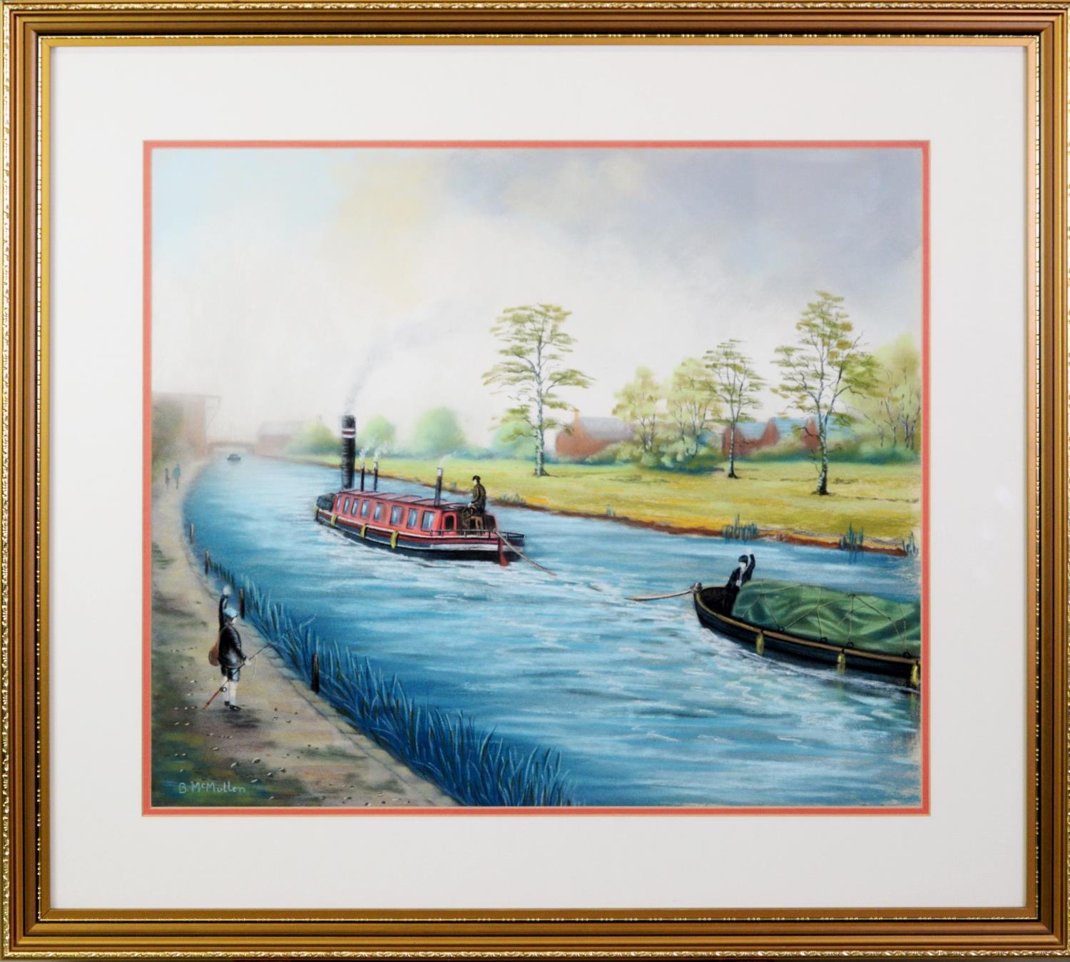 BERNARD McMULLEN (1952-2015) PASTEL DRAWING Canal scene with narrowboats and school boy with fishing - Image 2 of 2