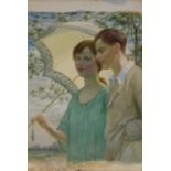 EDWARD RIDLEY (1883 - 1946) WATERCOLOUR DRAWING ON BOARD Young man and young woman with parasol