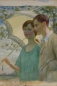 EDWARD RIDLEY (1883 - 1946) WATERCOLOUR DRAWING ON BOARD Young man and young woman with parasol