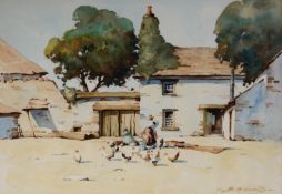 BERNARD McDONALD (b. 1944) WATERCOLOUR DRAWING Devon Farmhouse with figures and poultry Signed lower