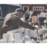 ROGER HAMPSON (1925 - 1996) OIL PAINTING ON CANVAS Setting out Pots, on market day Signed lower