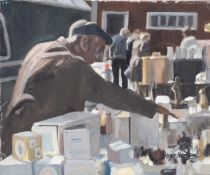 ROGER HAMPSON (1925 - 1996) OIL PAINTING ON CANVAS Setting out Pots, on market day Signed lower