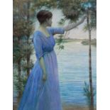 EDWARD RIDLEY (1883 - 1946) WATERCOLOUR DRAWING Young woman in a full-length blue dress  standing