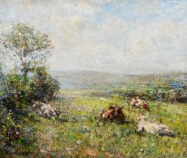 FREDERICK WILLIAM JACKSON (1864 - 1918) OIL PAINTING ON BOARD Extensive landscape with field of cows