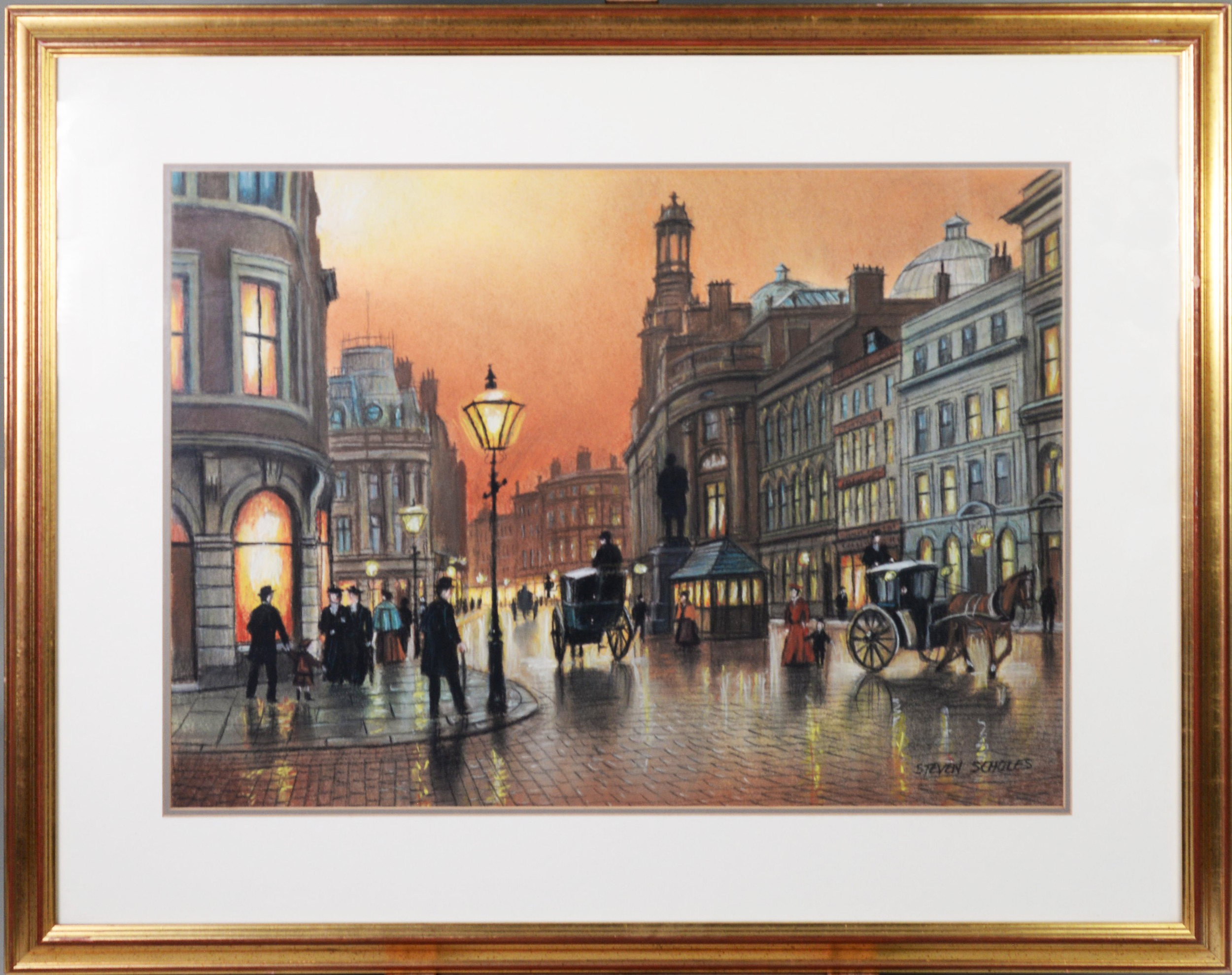 STEVEN SCHOLES PASTEL DRAWING Cross Street & the Royal Exchange Building, Manchester with hansom - Image 2 of 2