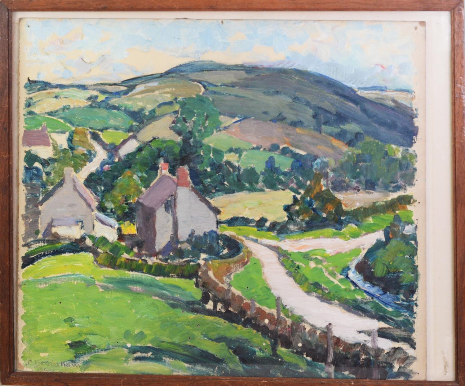 CONSTANCE BRADSHAW (1872-1961) OIL ON BOARD Rural landscape with houses in the foreground Signed 14” - Image 2 of 2