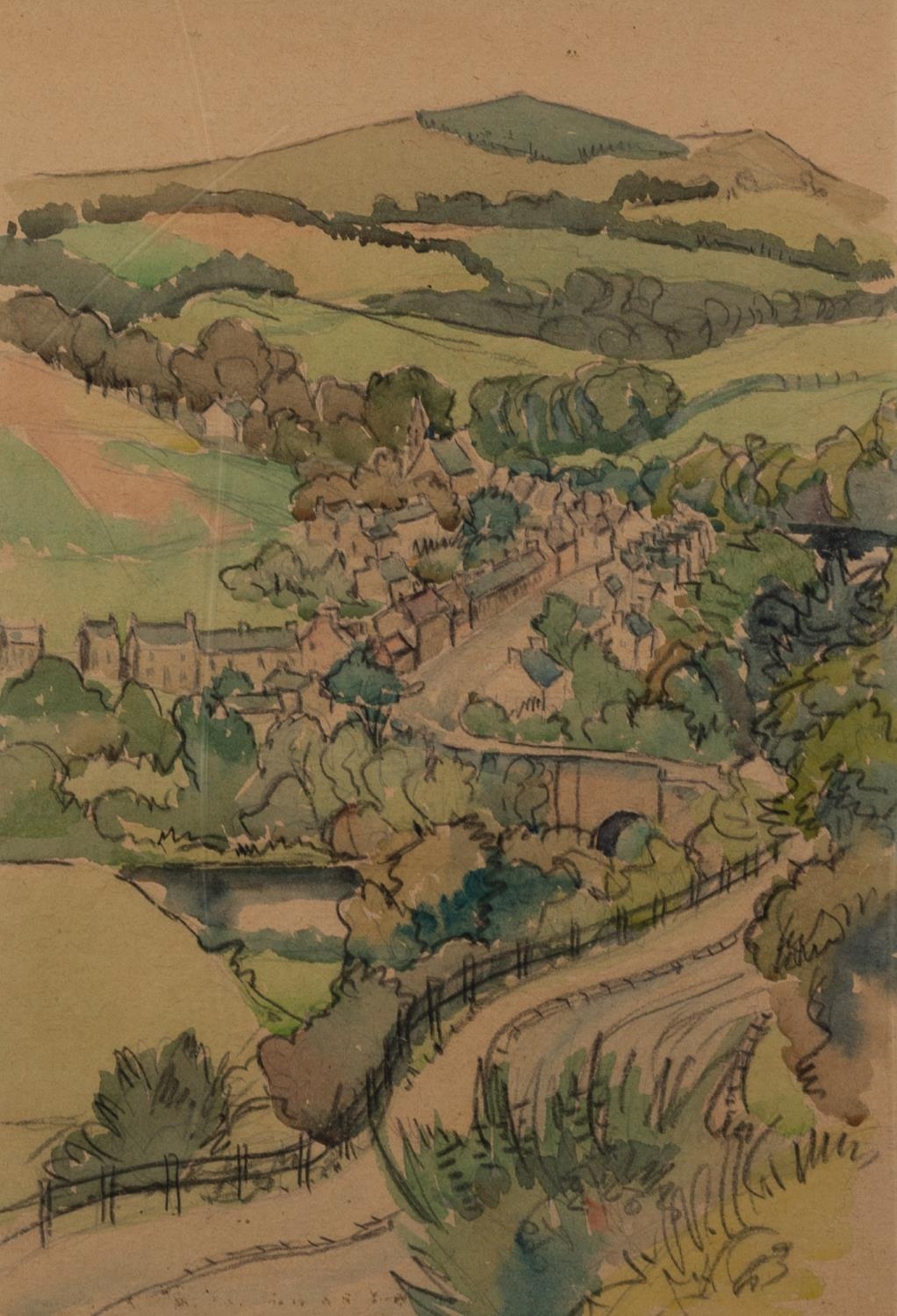 IAN GRANT (1904 - 1993) PENCIL AND WATERCOLOUR DRAWING Wooded Village Labelled verso 14 x 9 1/2in (