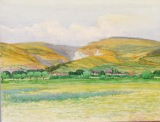 EDWARD RILEY (1883 - 1946) WATERCOLOUR DRAWING ON WHATMAN BOARD Landscape with distant river and