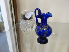 19TH CENTURY BRISTOL BLUE GLASS SMALL EWER WITH SILVER FLOWER AND FOLIATE OVERLAY, 4” HIGH AND A