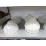 SET OF SIX PRE-WAR HOLOPHANE SHELL MOULDED OPAQUE GLASS LIGHT SHADES, OF UMBRELLA FORM, 7 3/4" X 4