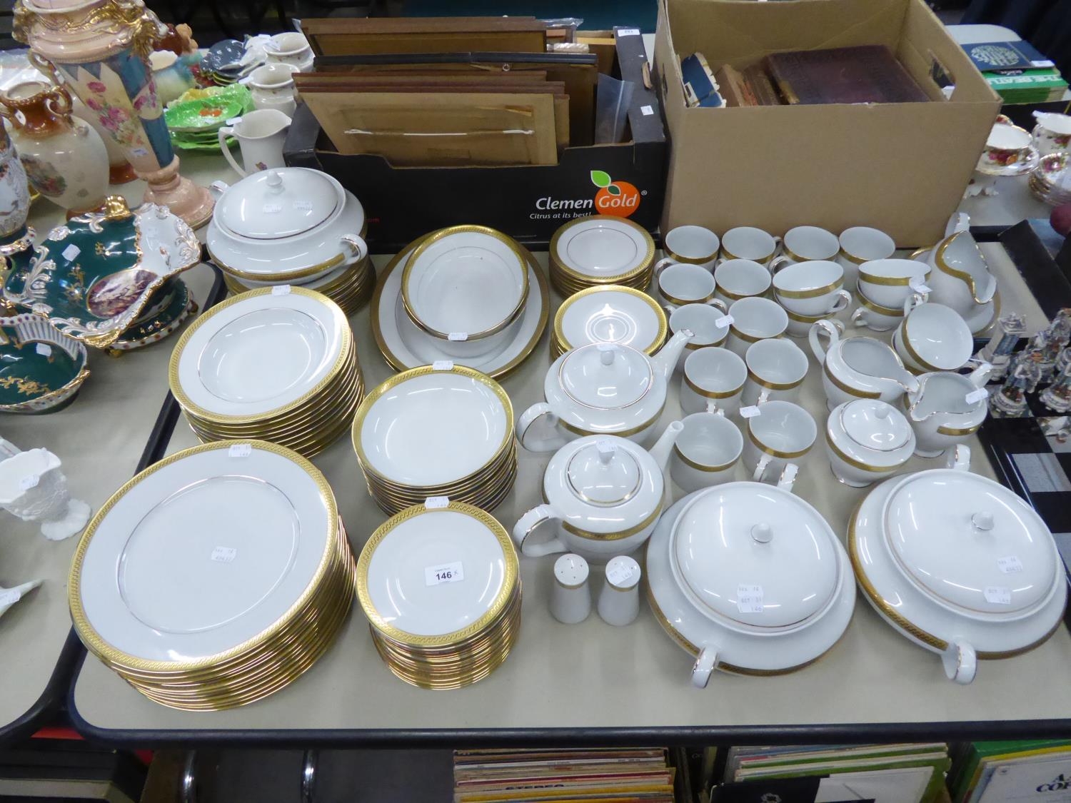 FAIRMONT 'LINTON GOLD' No. 9303 DINNER AND TEA WARES TO INCLUDE;  3 LARGE TWO HANDLED TUREENS AND