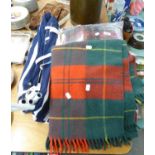 THREE WOOLLEN CAR BLANKETS AND TWO FOLD-AWAY CHILD’S CHAIRS (5)