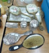 THREE SILVER TOPPED GLASS DRESSING TABLE JARS, MATCHING HAND MIRROR (A.F.), THREE PIECE GILT METAL