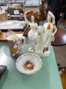 STAFFORDSHIRE POTTERY FLAT BACK GROUP, FARMER AND WIFE, SHE WITH WHEATSHEAF ON HER HEAD, A FLORAL