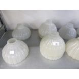 SET OF SIX PRE-WAR HOLOPHANE SHELL MOULDED OPAQUE GLASS LIGHT SHADES, OF UMBRELLA FORM, 7 3/4" X 4