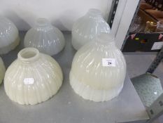 SET OF SIX PRE-WAR HOLOPHANE SHELL MOULDED OPAQUE GLASS LIGHT SHADES, OF UMBRELLA FORM, 7 3/4" X 4