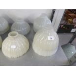 SET OF SIX PRE-WAR HOLOPHANE SHELL MOULDED OPAQUE GLASS LIGHT SHADES, OF UMBRELLA FORM, 7 3/4" X 4