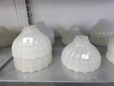 SET OF SIX PRE-WAR HOLOPHANE SHELL MOULDED OPAQUE GLASS LIGHT SHADES, OF UMBRELLA FORM, 7 3/4" X 4