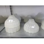 SET OF SIX PRE-WAR HOLOPHANE SHELL MOULDED OPAQUE GLASS LIGHT SHADES, OF UMBRELLA FORM, 7 3/4" X 4