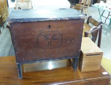 STAINED PITCH PINE BIBLE BOX,  TWO CARRYING HANDLES, INSCRIBED SCII TO THE FRONT (A.F.) AND A