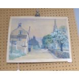 ELIZABETH HESP (TWENTIETH CENTURY) WATERCOLOUR DRAWING Village scene with equestrian figure,