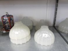 SET OF SIX PRE-WAR HOLOPHANE SHELL MOULDED OPAQUE GLASS LIGHT SHADES, OF UMBRELLA FORM, 7 3/4" X 4