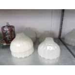 SET OF SIX PRE-WAR HOLOPHANE SHELL MOULDED OPAQUE GLASS LIGHT SHADES, OF UMBRELLA FORM, 7 3/4" X 4