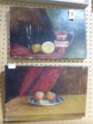 UNATTRIBUTED PAIR OF OIL PAINTINGS STILL LIFE, FRUIT ETC UNFRAMED