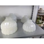 SET OF SIX PRE-WAR HOLOPHANE SHELL MOULDED OPAQUE GLASS LIGHT SHADES, OF UMBRELLA FORM, 7 3/4" X 4