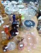 GLASSWARE VARIOUS TO INCLUDE; A PINK FLORAL EMBOSSED DISH (A.F.), A LARGE FRUIT BOWL, A GLASS STAND,