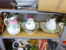 A PAIR OF VICTORIAN POTTERY LARGE TOILET JUGS; TWO OTHER JUGS AND TWO VARIOUS TOILET BOWLS (6)