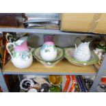 A PAIR OF VICTORIAN POTTERY LARGE TOILET JUGS; TWO OTHER JUGS AND TWO VARIOUS TOILET BOWLS (6)