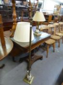 A BRASS CORINTHIAN COLUMN ELECTRIC STANDARD LAMP AND SHADE AND A SIMILAR BRASS TABLE LAMP (2)