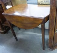A MAHOGANY PEMBROKE TABLE, HAVING TWO D-SHAPED LEAVES AND SINGLE DRAWER TO THE END, RAISED ON SQUARE