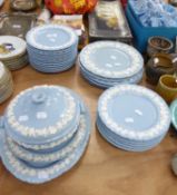 WEDGWOOD, BARLESTON, ‘QUEENS WARE’ PALE BLUE POTTERY DINNER SERVICE WITH EMBOSSED WHITE FRUITING