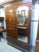 A MAHOGANY LINE INLAID BEDROOM SUITE OF FOUR PIECES, TO INCLUDE; A DOUBLE WARDROBE WITH MIRROR