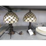 PAIR OF TIFFANY STYLE BEDSIDE LAMPS, CREAM SHADE WITH AMBER/PALE YELLOW INSET PEBBLES  (BASE TO