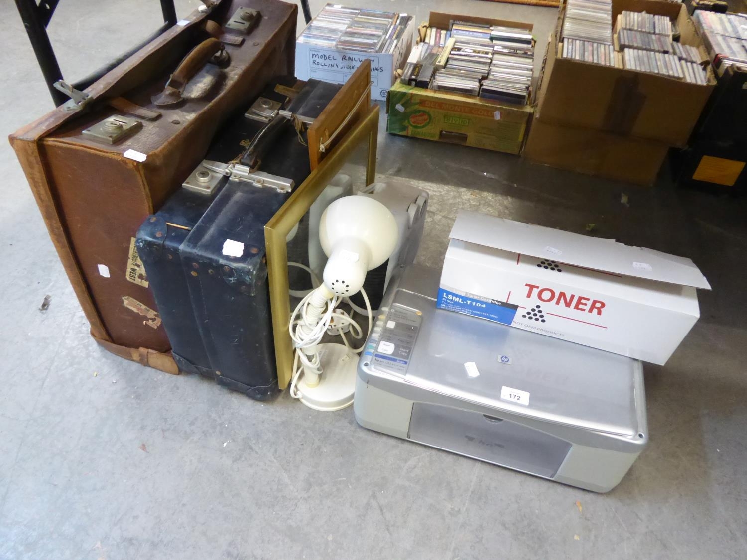 AN 'ELPINE' ELECTRIC HEATER, A HP PRINTER, AN OLD BROWN LEATHER SUITCASE ETC.....