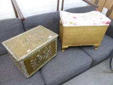 A BRASS COAL BOX WITH HINGED LID WITH PICTORIAL EMBOSSED DECORATION AND A SMALL OBLONG WICKER