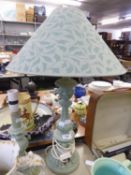 TWO PAINTED WOOD TABLE LAMPS AND SHADES AND A SMALL QUANTITY OF VARIOUS PICTURES