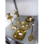 A PAIR OF  BRASS ARTS & CRAFTS STYLE TABLE CANDLESTICKS; A BRASS BOWL ASHTRAY; TWO BRASS SQUARE